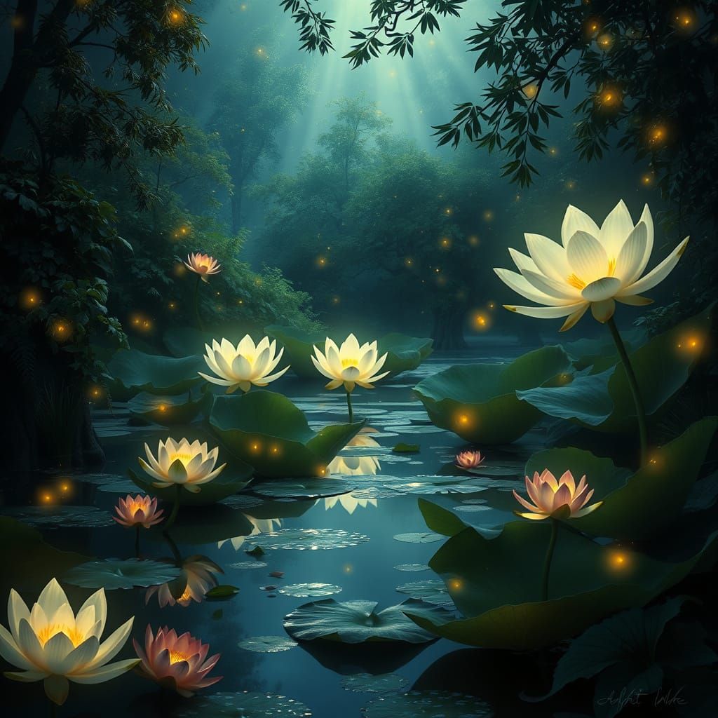 Glowing Lotus Pond: Fantasy Art Scene