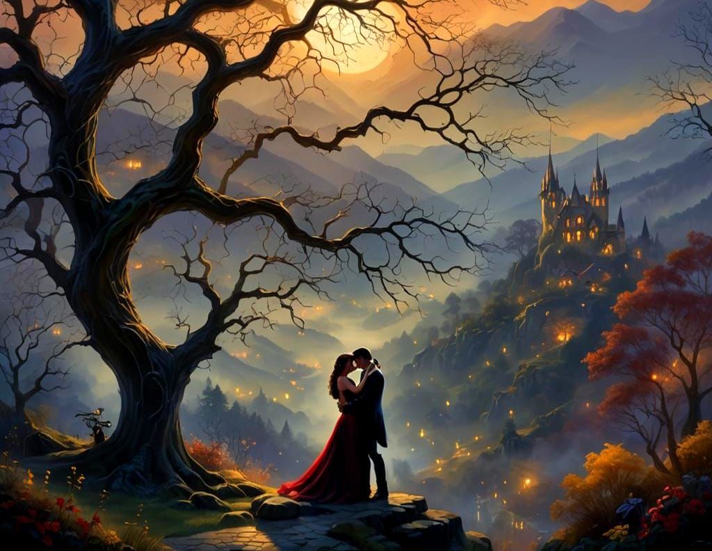 Vampire and Human Lovers in Ethereal Fantasy Night