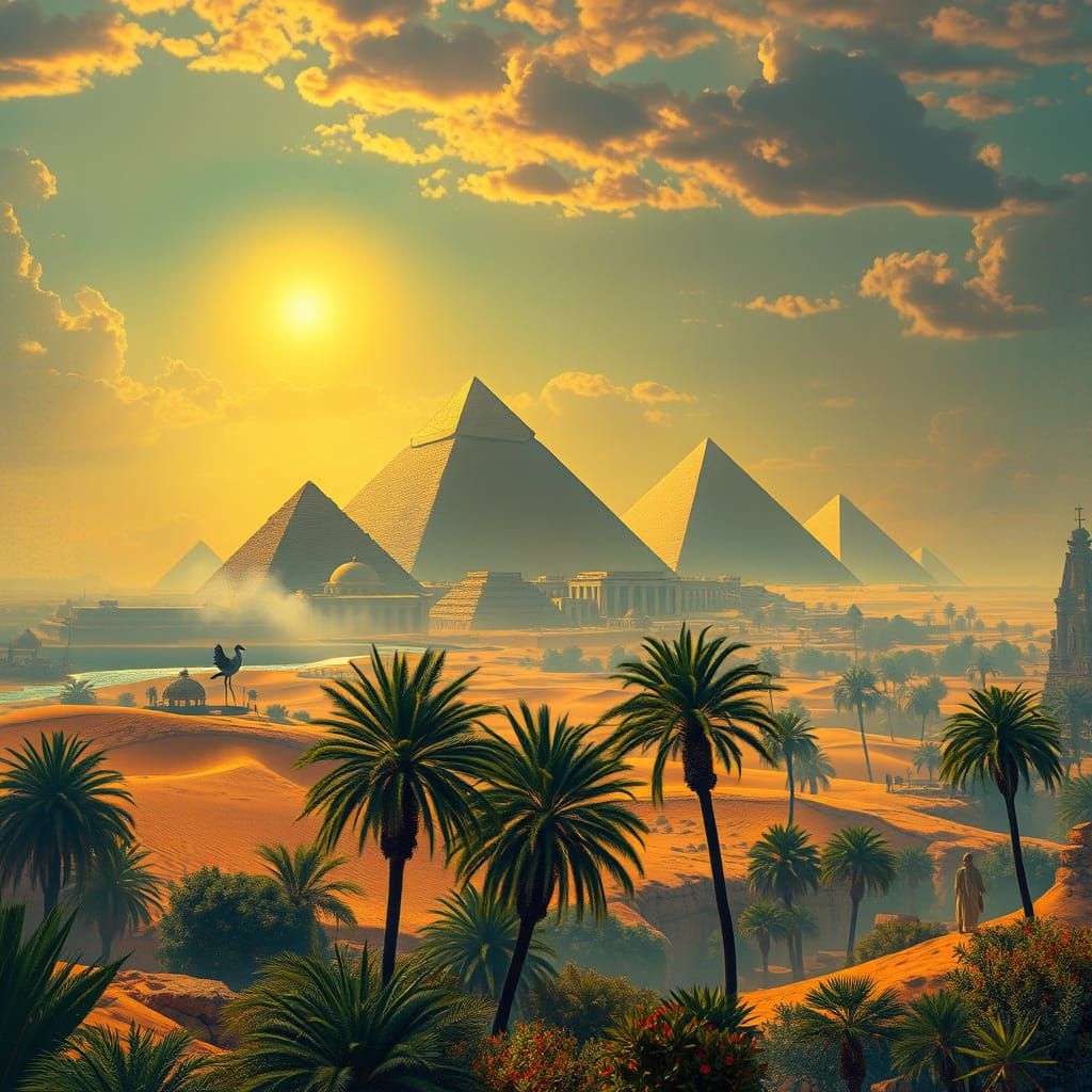 Egyptian Pyramids Landscape in Vibrant, Iridescent Hues