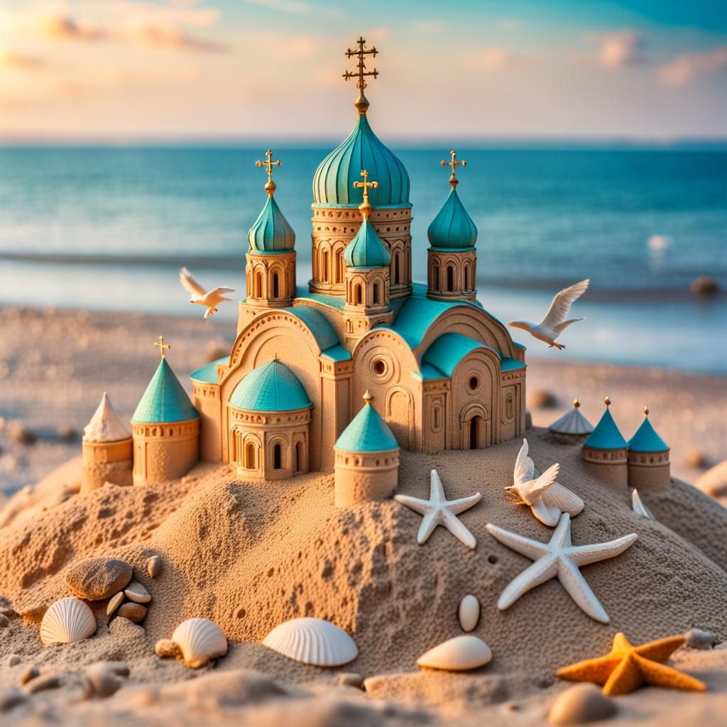 Sandcastle Cathedral on a Miniature Beach at Sunset