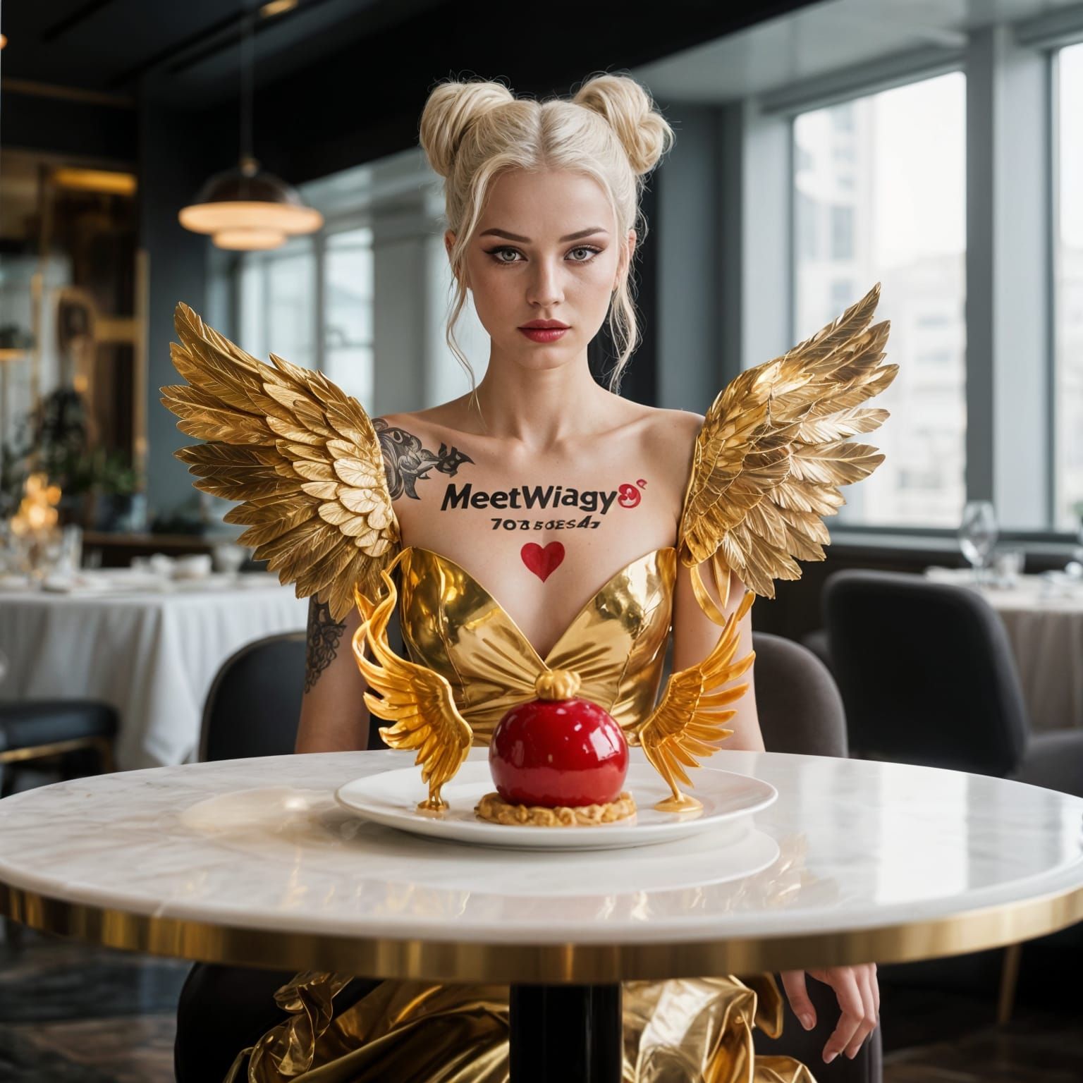 Editorial Photo: Model in Winged Gold Dress at Modern Table