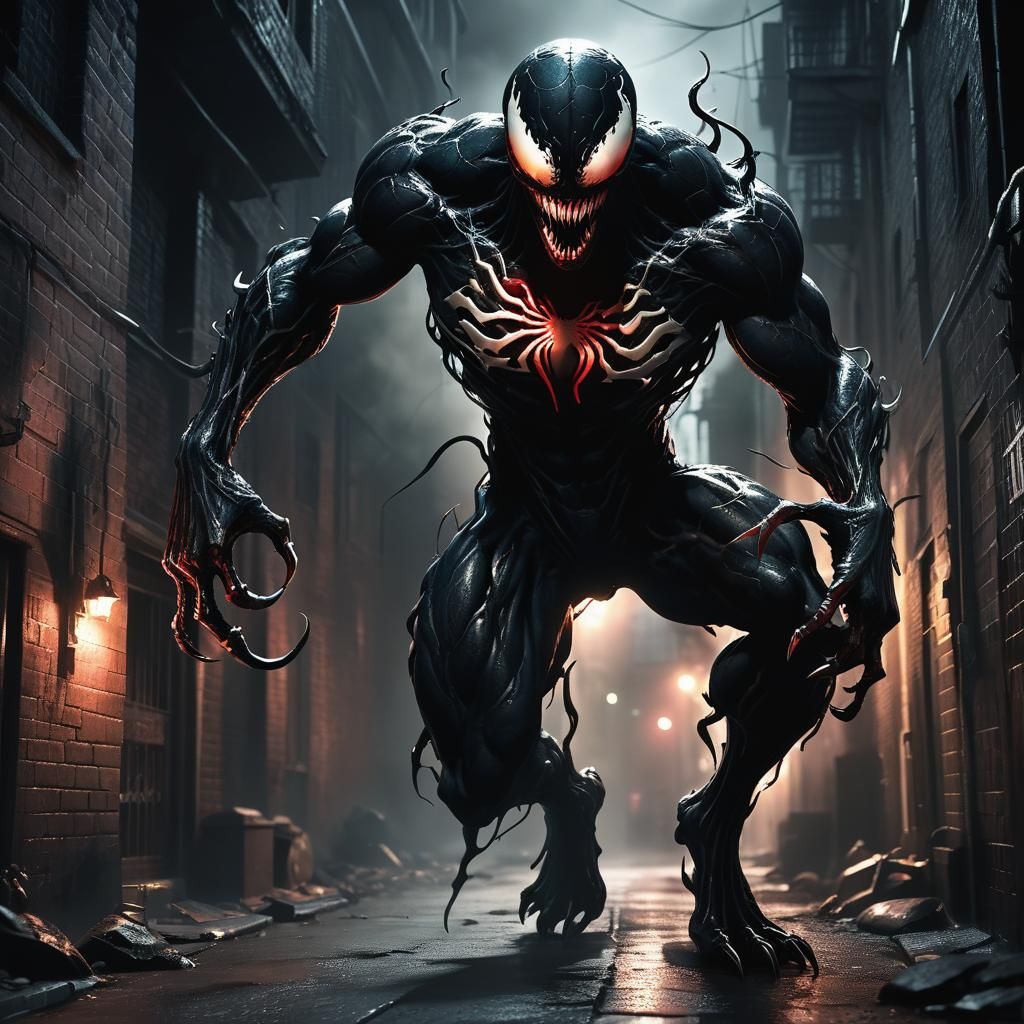Venom in Dark Alleyway: Unreal Engine 3D Rendering