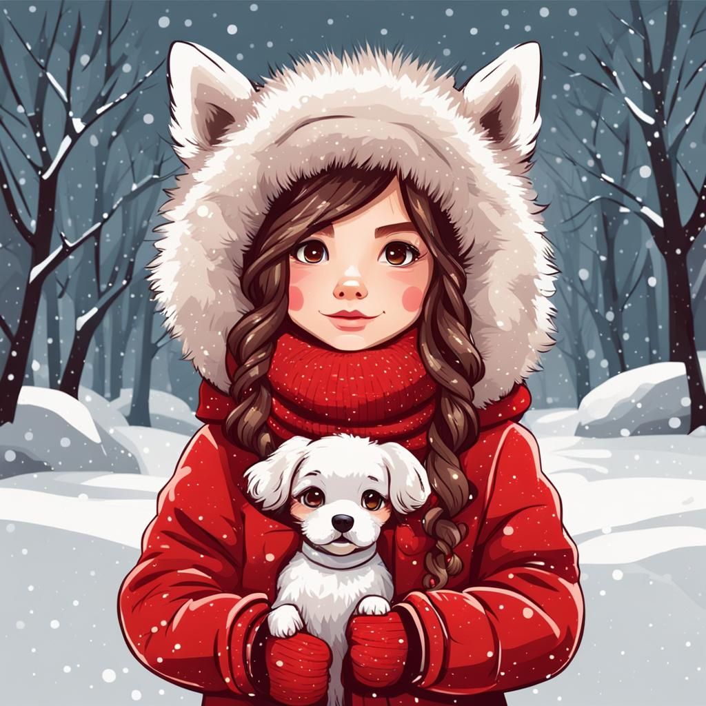 Chibi Style Girl with Dog in Winter Scene