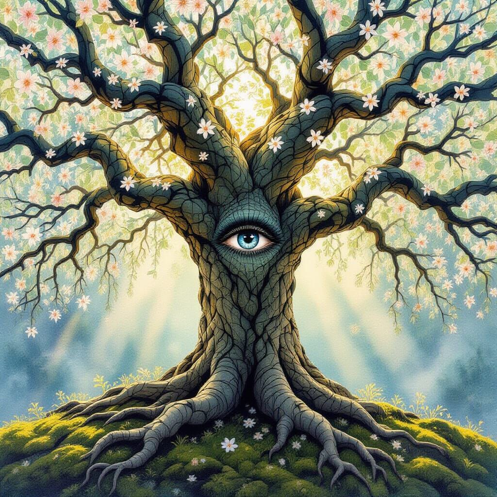 Majestic Ancient Tree with Eye Blossoms in Surreal Watercolo...
