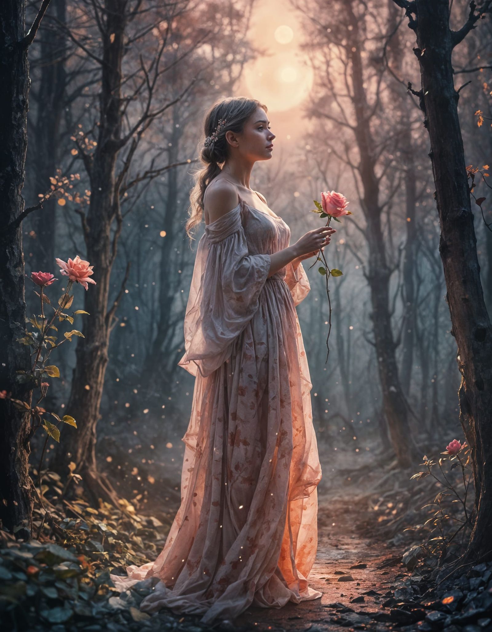 Vivid Rose Under Cosmic Moonlight in Watercolor