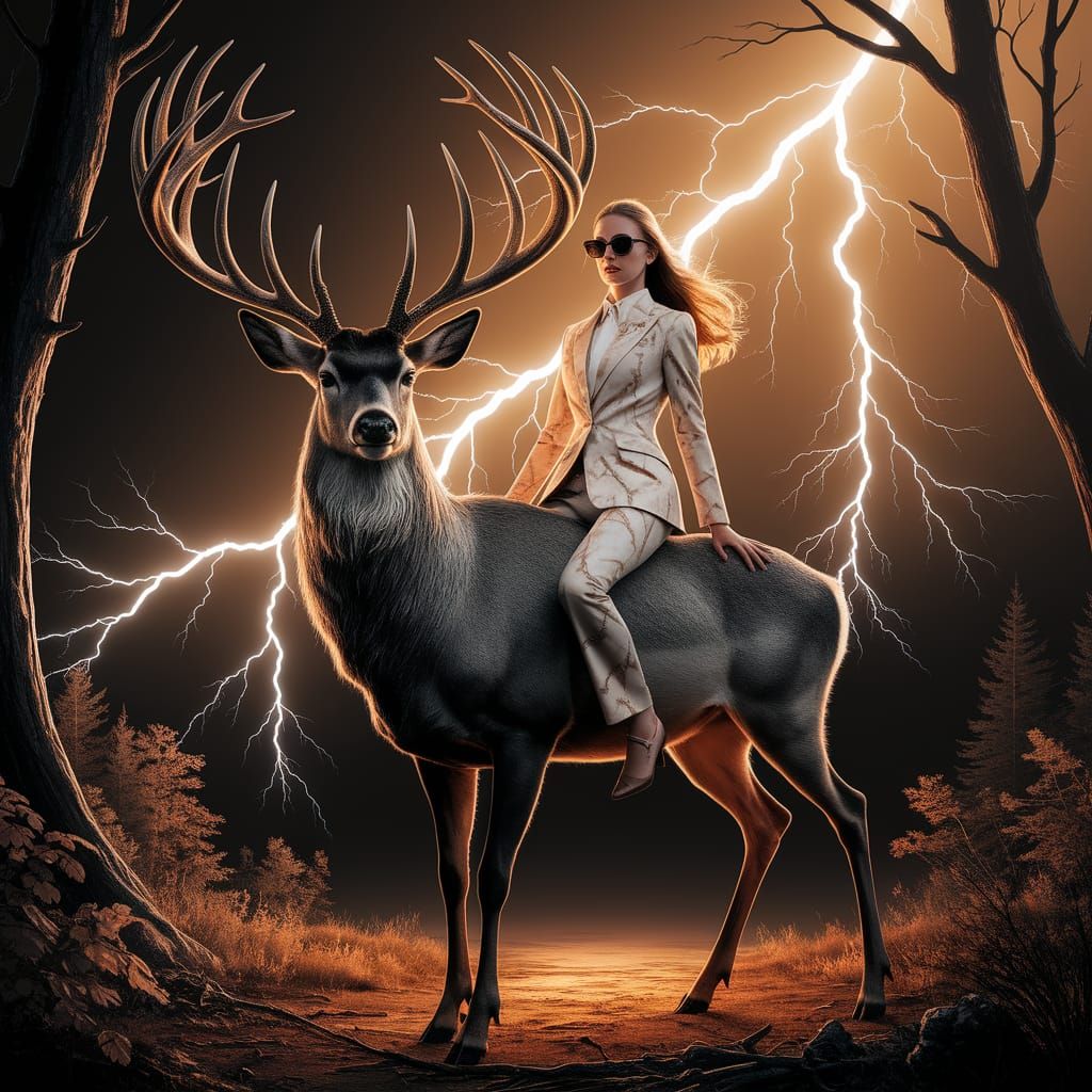 Elegant Woman Rides Deer with Lightning Antlers in Forest