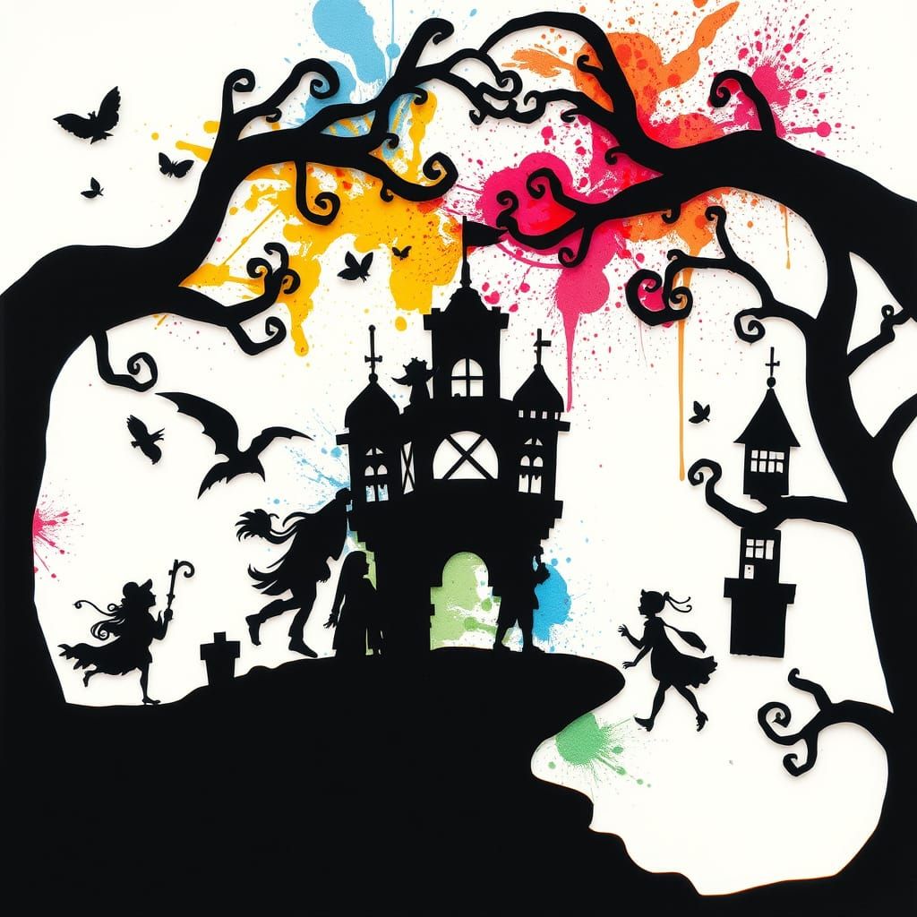 Surreal Shadow Puppetry Scene in Vibrant, High-Contrast Colo...