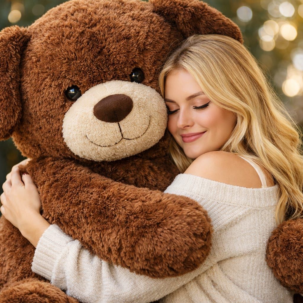 Giant Teddy Bear Hugs Blonde Woman in Professional Photo