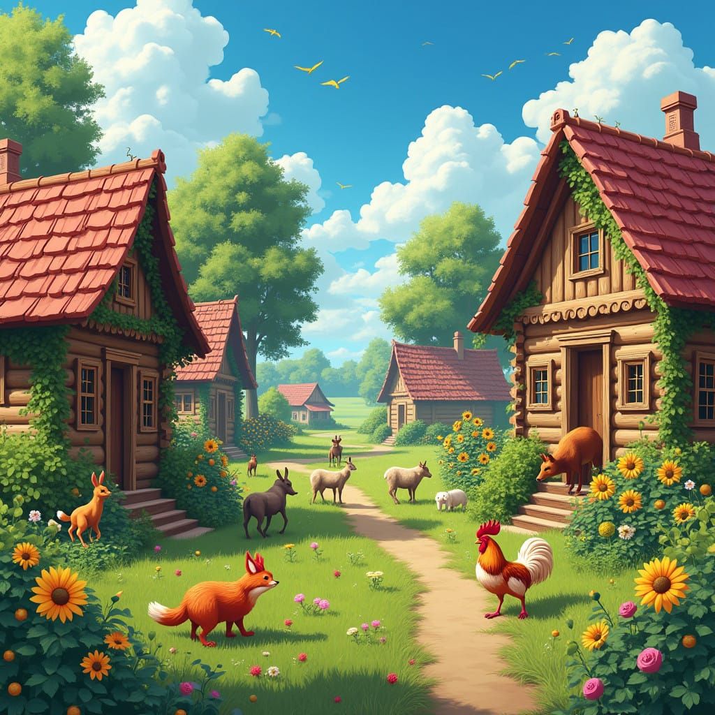 Ukrainian Village Scene in Whimsical Folk Art Style