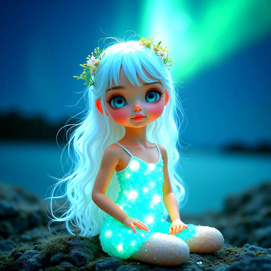 Crystal Girl with Fiery Hair Amidst Northern Lights