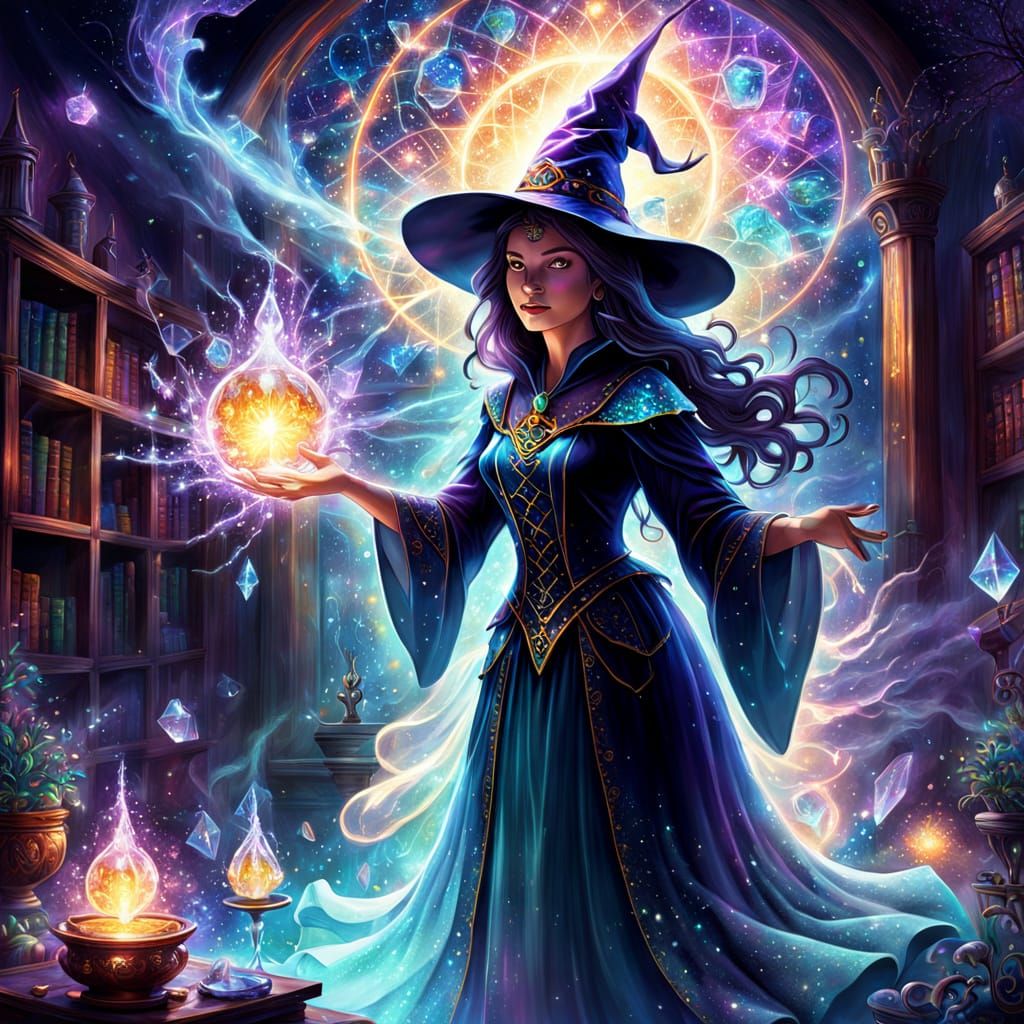 Astral Witch Performing Magical Chore in Ethereal Room