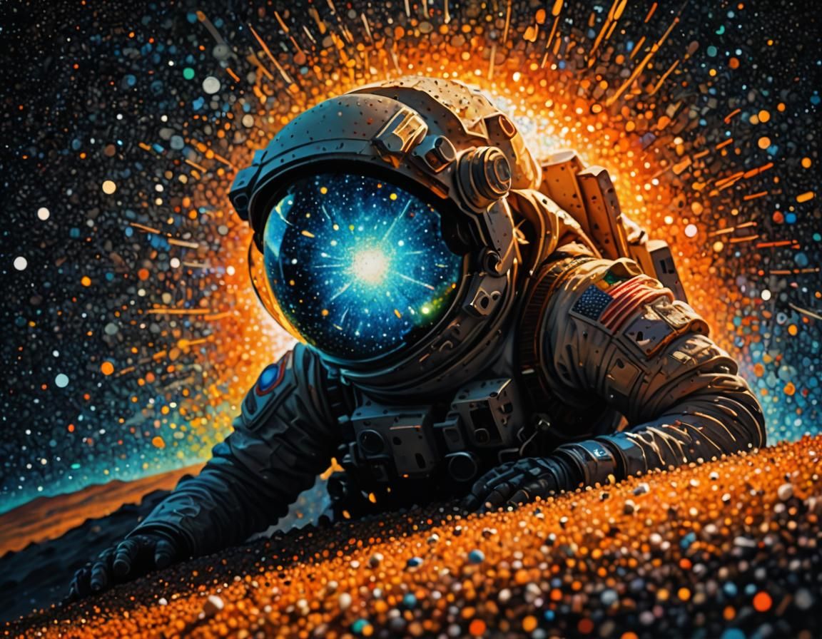 Astronaut Crouching on Pointillist Planet in Mixed Media
