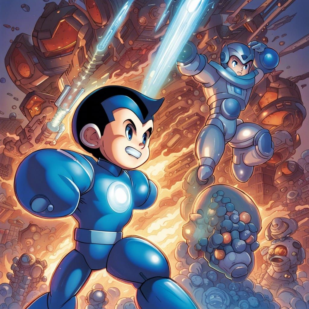 Mega Man vs Astro Boy in Comic Book Style