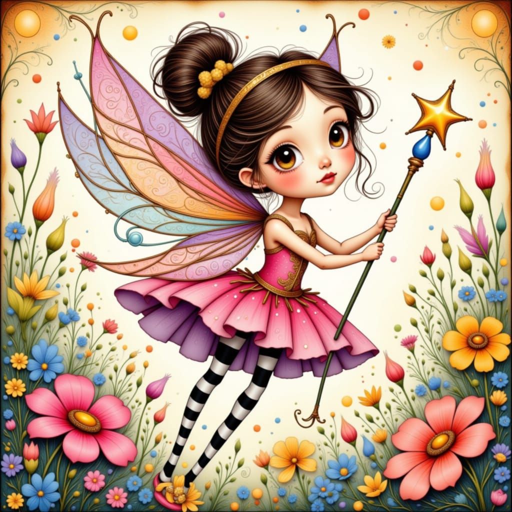 Whimsical Fairy Waving Wand in Cartoon Style