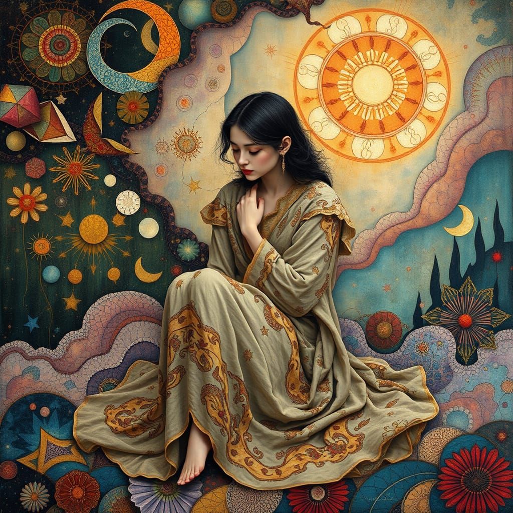 Enchanted Figure in Whirling Cosmic Patterns