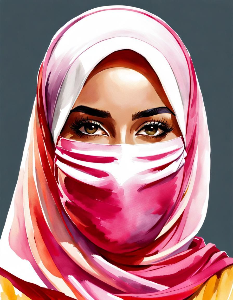 Beautiful Hijabi Woman Portrait in Watercolor Style