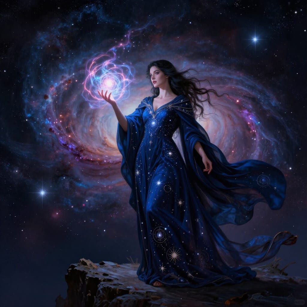 Sorceress Conjuring Arcane Energy Over Cosmic Nebula