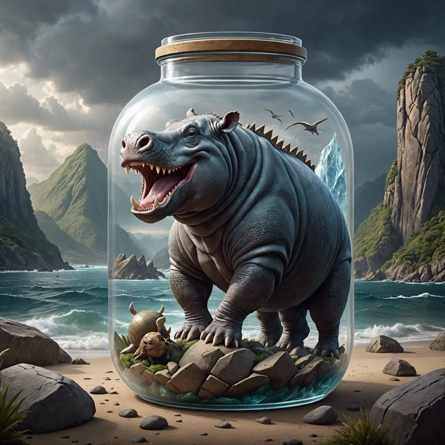 Mythical Armadillo-Rhino-Hippo Creature Trapped in Glass