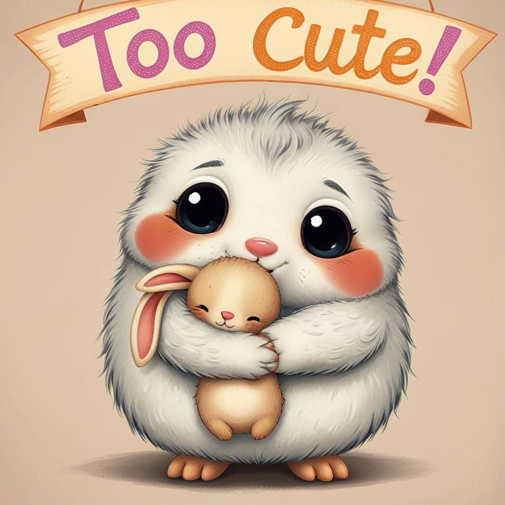 Cute Creature Squeezes Rabbit Tight Under Joyful Banner