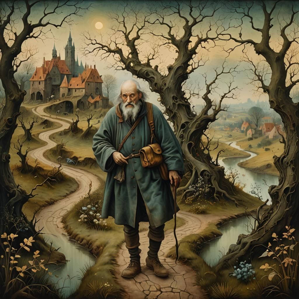 Der Landfahrer ... (in the style of Hieronymus Bosch) a stre...