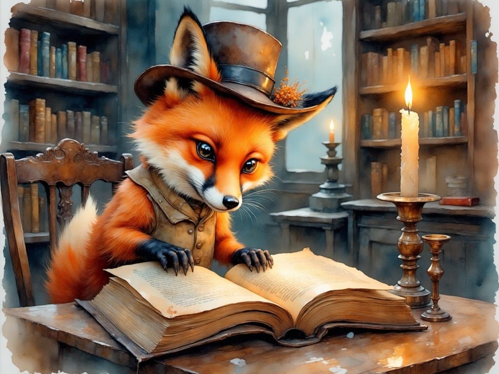 Whimsical Fox Reads Ancient Book in Cozy Library