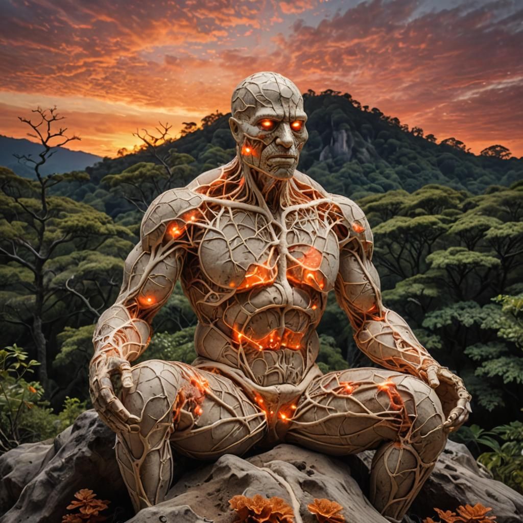 Glowing Mycelium Golem in Mystical Forest: Warli Style