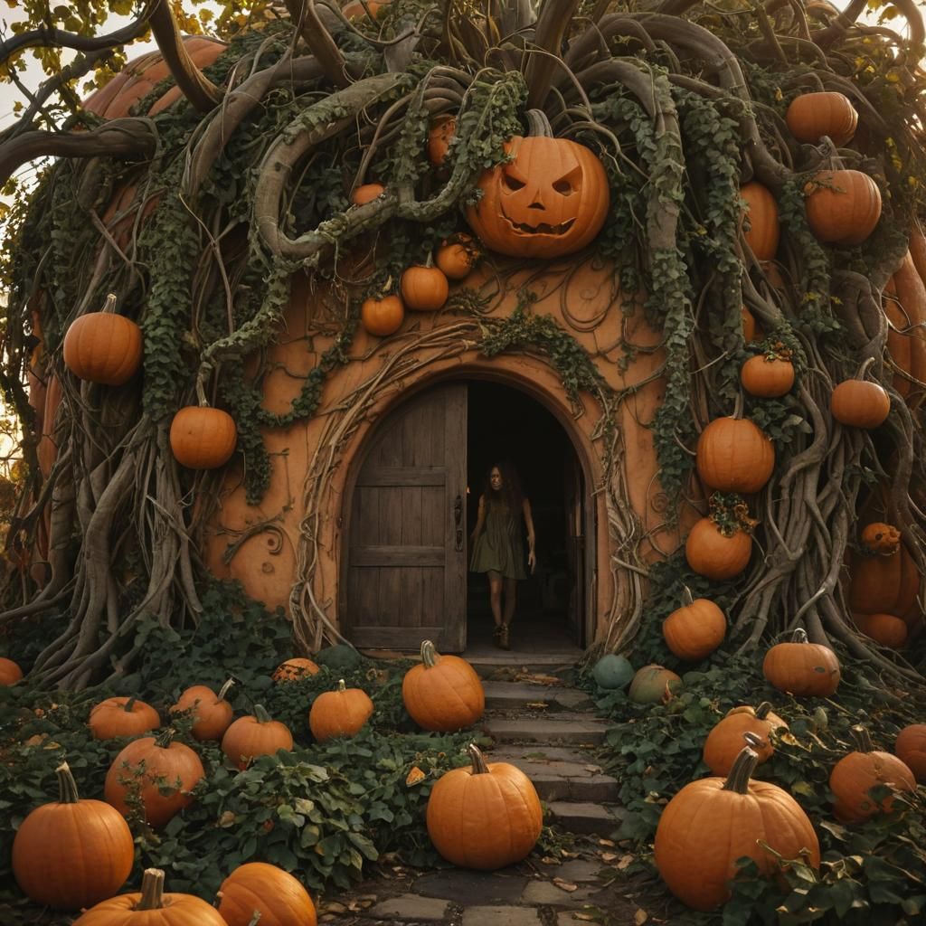 Medusa Visits Gigantic Pumpkin House: Cinematic Film Still