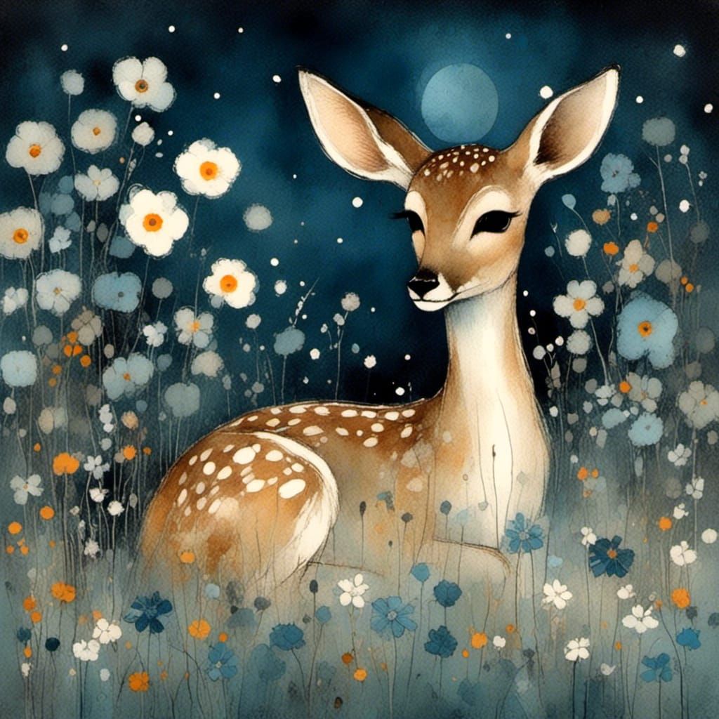 Fawn in Indigo Meadow: Charcoal and Ink Art
