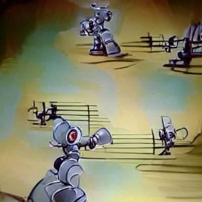 Robot Orchestra in Silly Symphony Cartoon Style