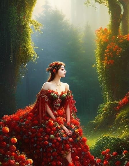 Woodland Goddess in Red Satin Dress