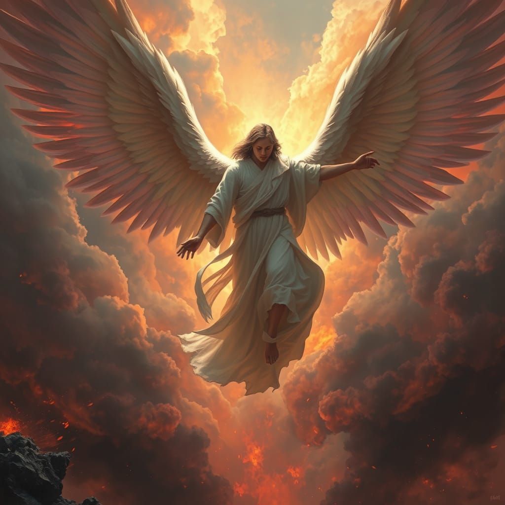 Majestic Angel Descends Through Inferno in Epic Fantasy Illu...