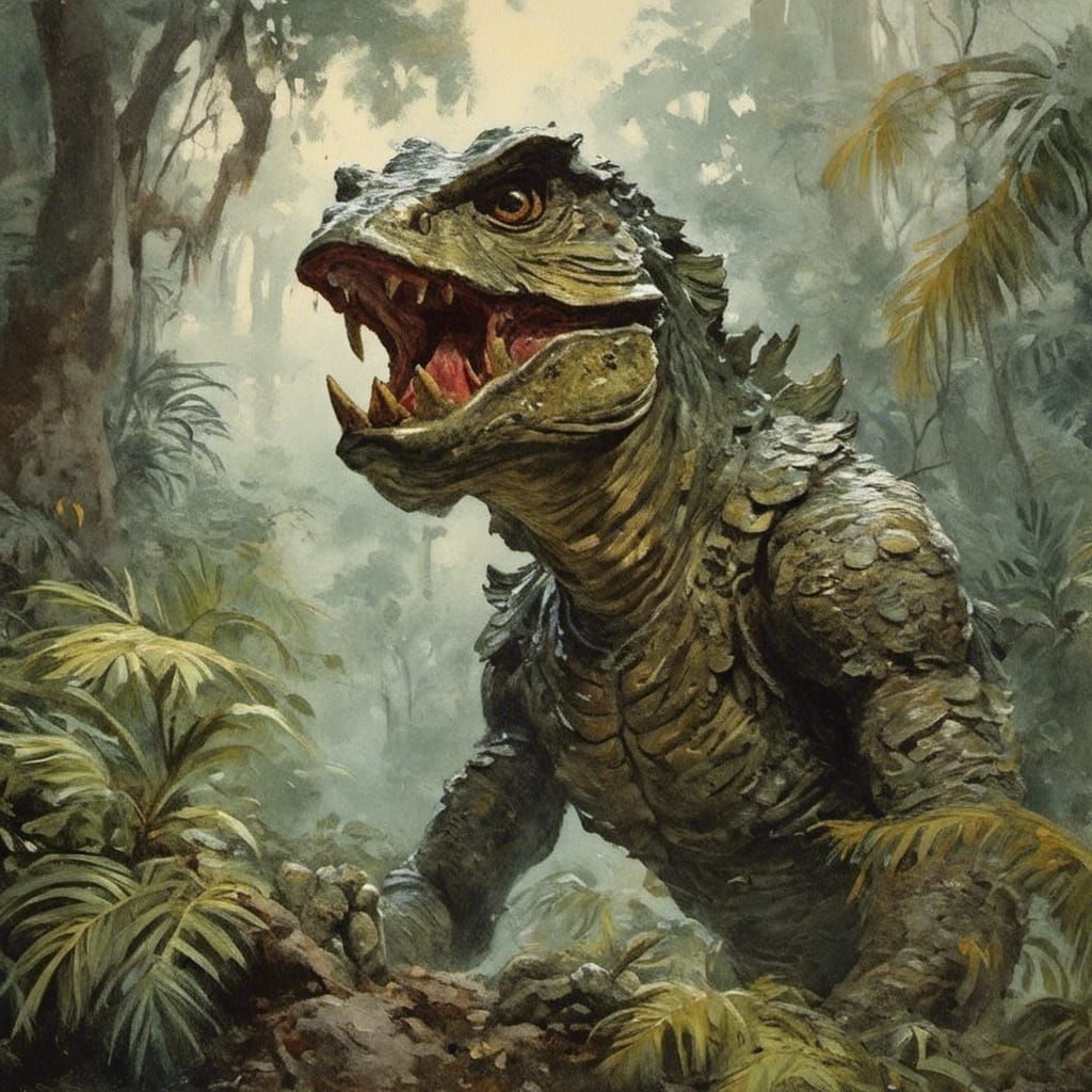 T-Rex Rampage in Rainforest Cemetery as Impasto Painting