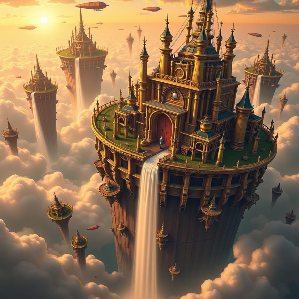 Steampunk Clockwork Islands Drifting in a Dirigible Sky