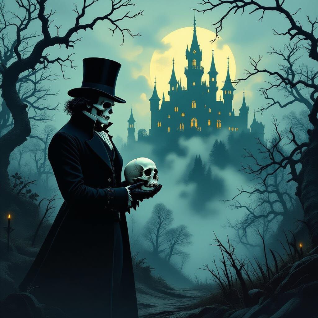 Eerie Forest: Poe and Gothic Castle in Psychedelic Style