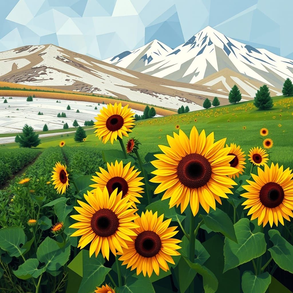 Sunflowers Meet Snow: Abstract Cubism Landscape