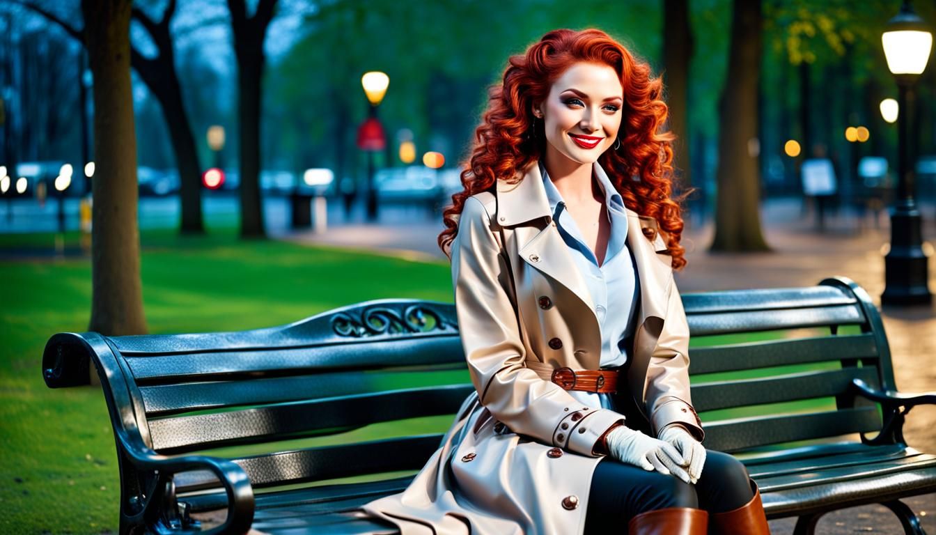 Gorgeous Redhead in Beige Leather Raincoat at Night