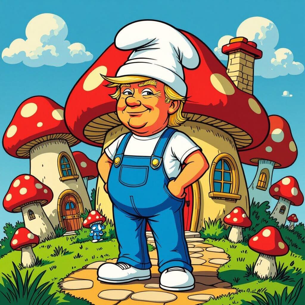 Donald Trump as Smurf in Mushroom Village