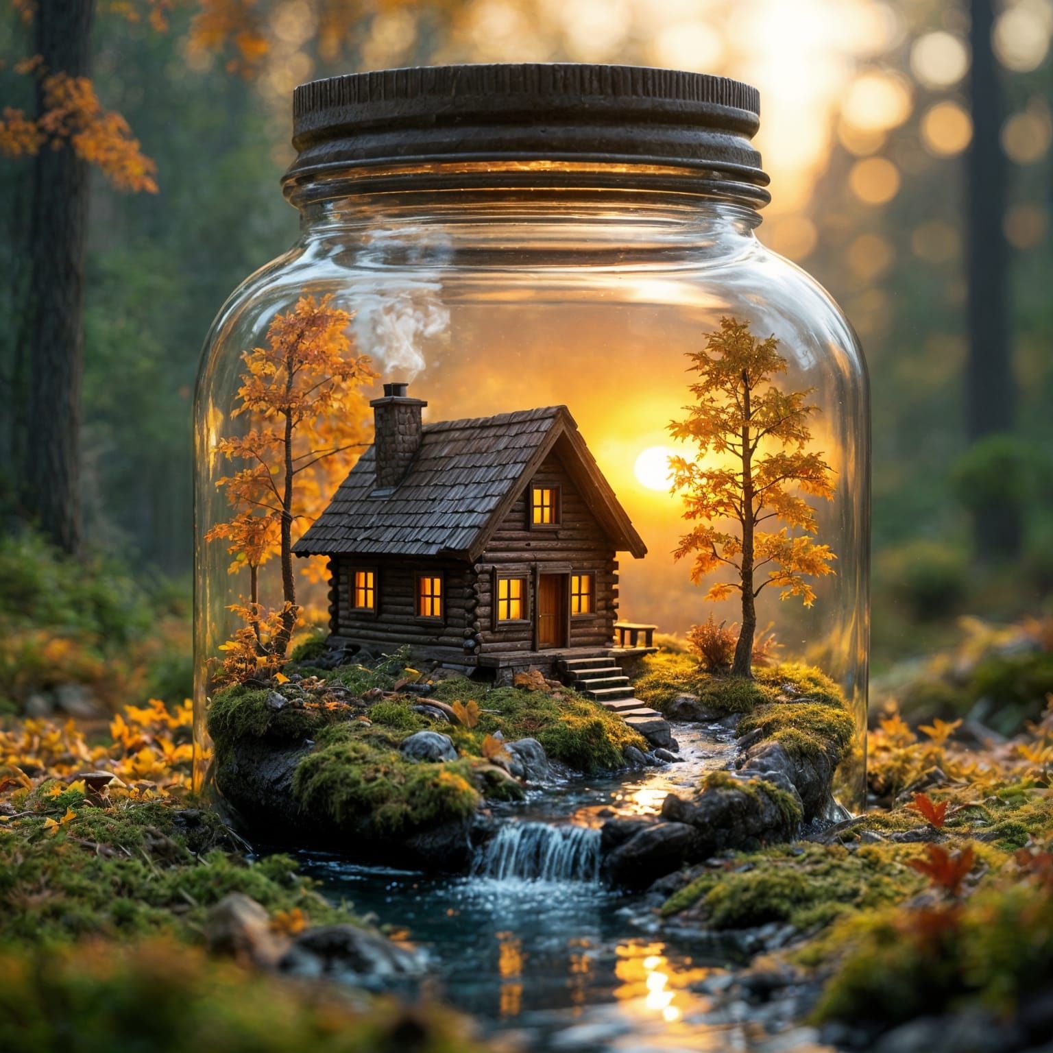Cozy Cabin in Ornate Jar: Miniature Autumn Scene
