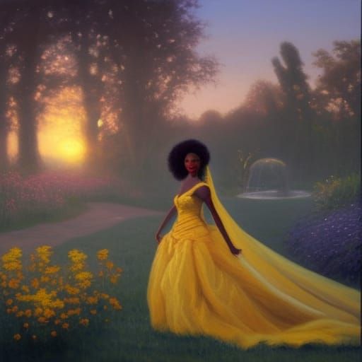 Ebony Bride in Fairy Garden: Oil Painting