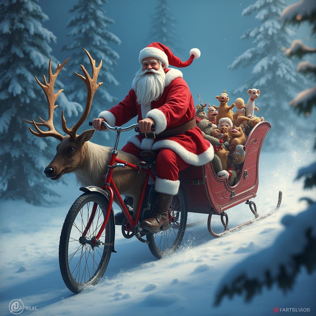 Santa's reindeer stayed at home. One of Santa's elves built a magic bicycle. Santa could ride the bicycle and pull the S...