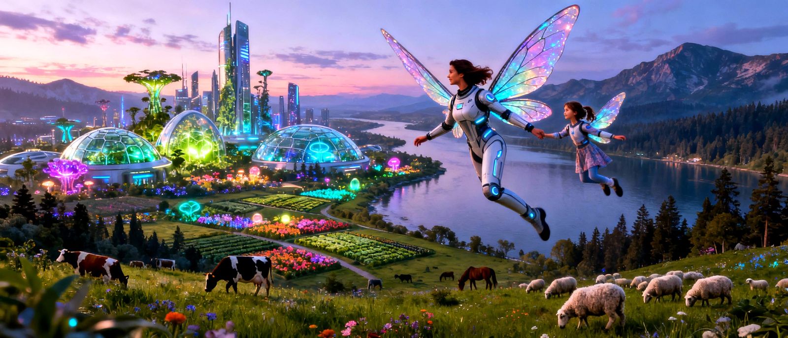 Woman and Daughter Fly in Futuristic City with Bioluminescen...