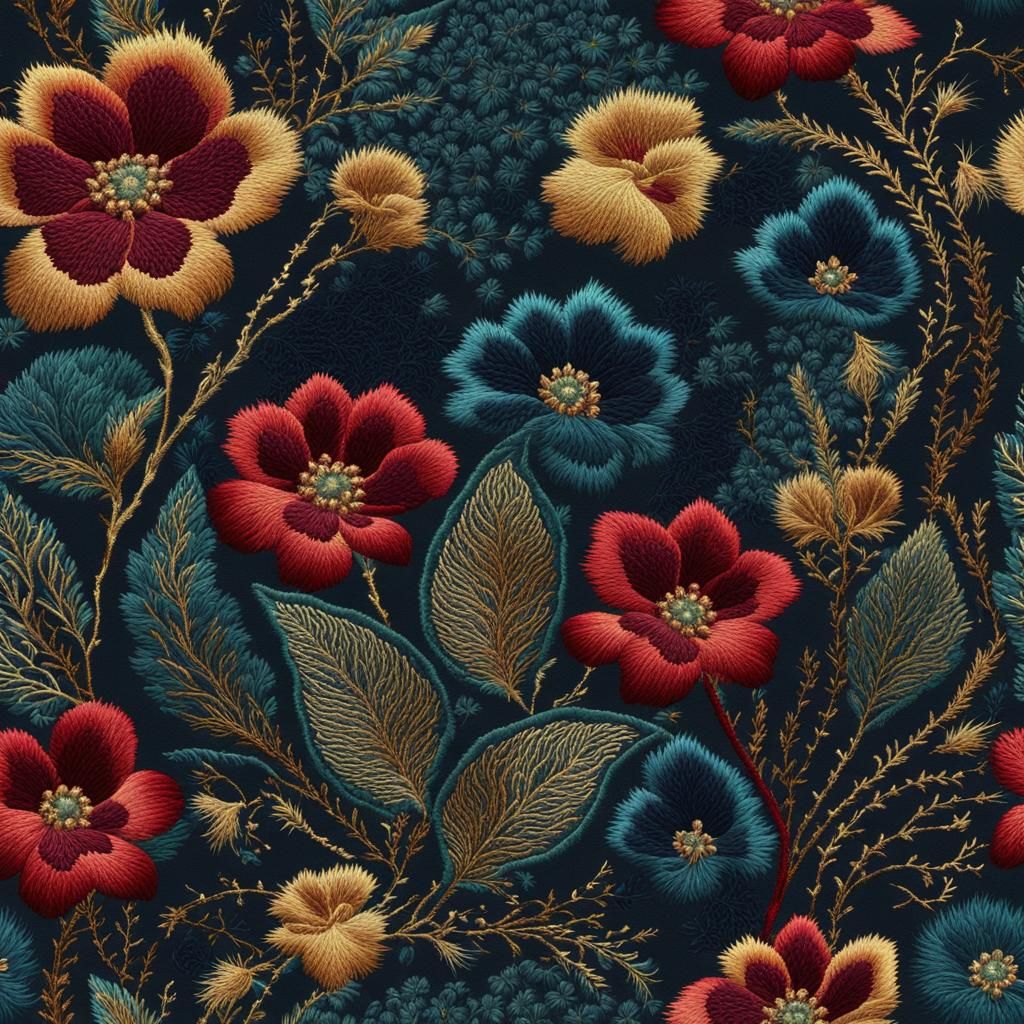 Vibrant Seamless Floral Embroidery Pattern in Space