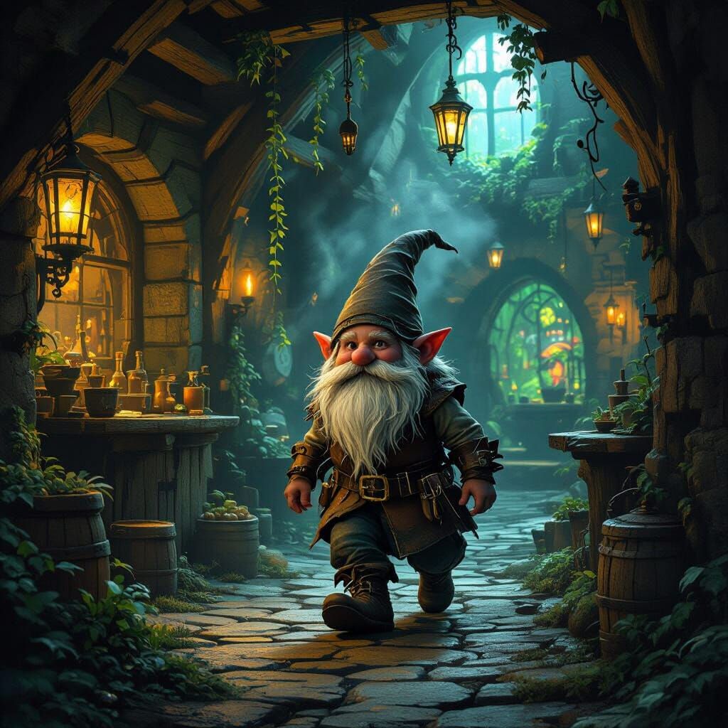 Weary Gnome Enters Ruined Tavern in Dark Fantasy Style