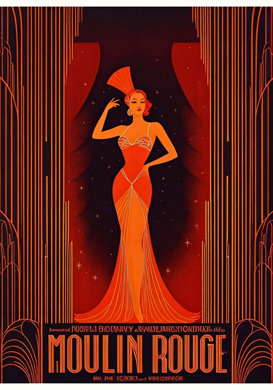 Art Deco Broadway poster for "Moulin Rouge" elegant sleek go...