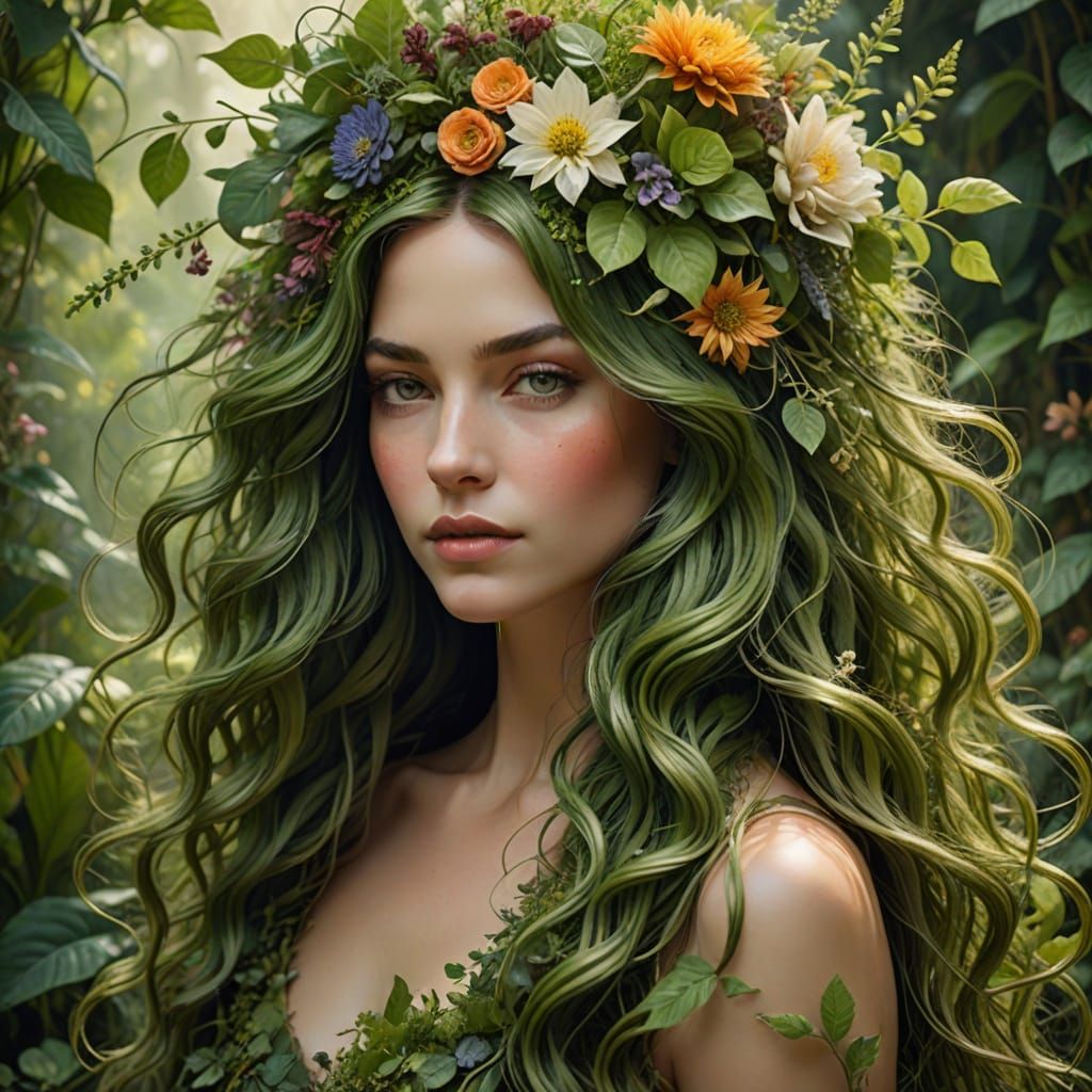 Woman with Hair of Plants and Flowers