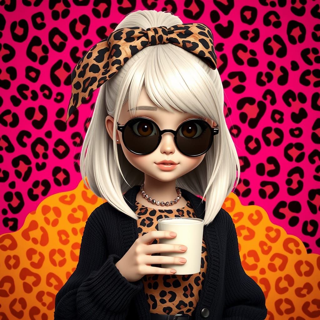 Vibrant Stylized Girl in Leopard Print Dress with Coffee Cup...
