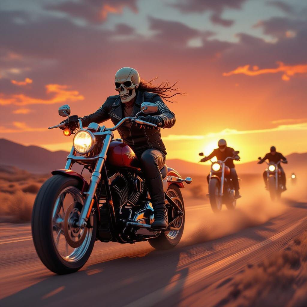 Skeleton Biker Chases Outlaws on Desert Highway