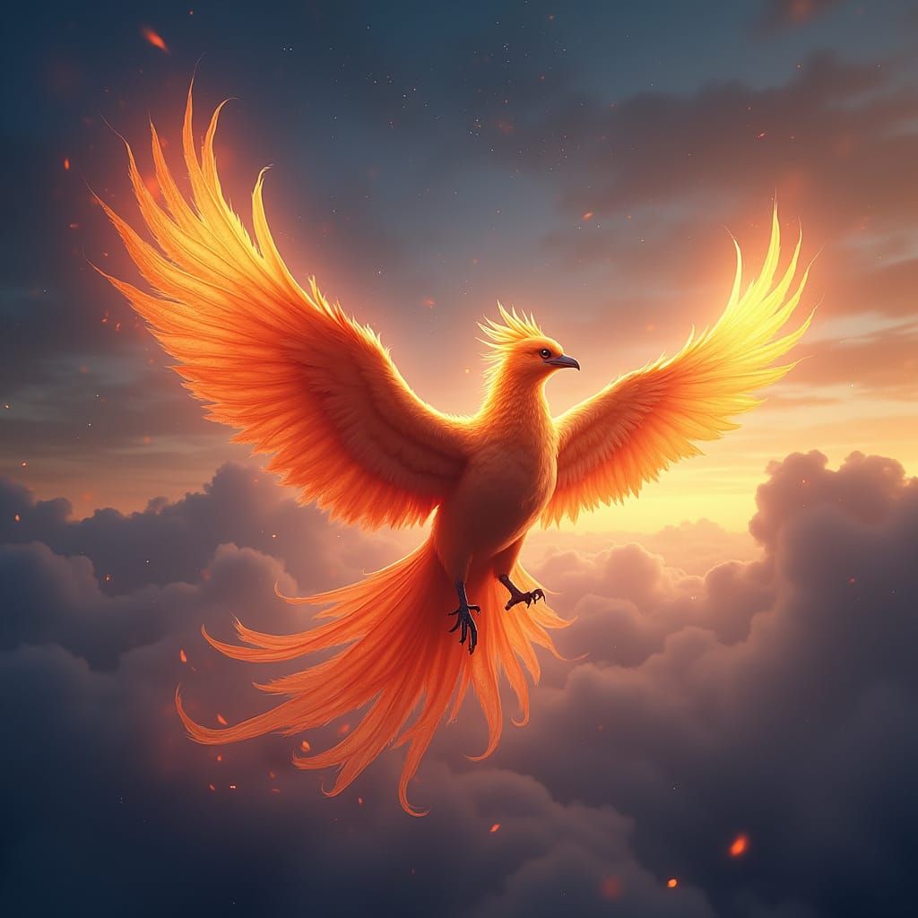 Majestic Phoenix Soars Through Dreamlike Twilight Sky
