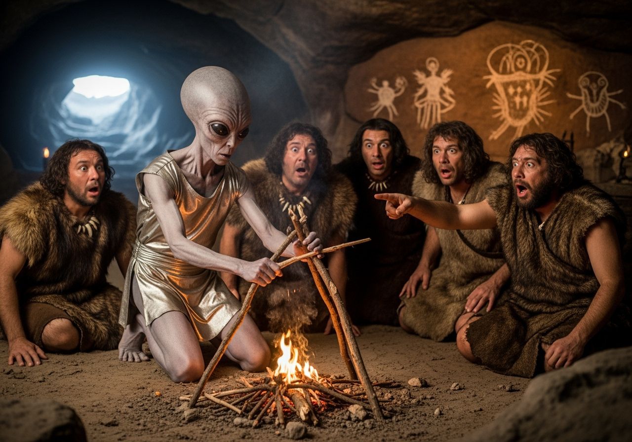 Alien Teaches Cavemen To Make Fire in Prehistoric Cave