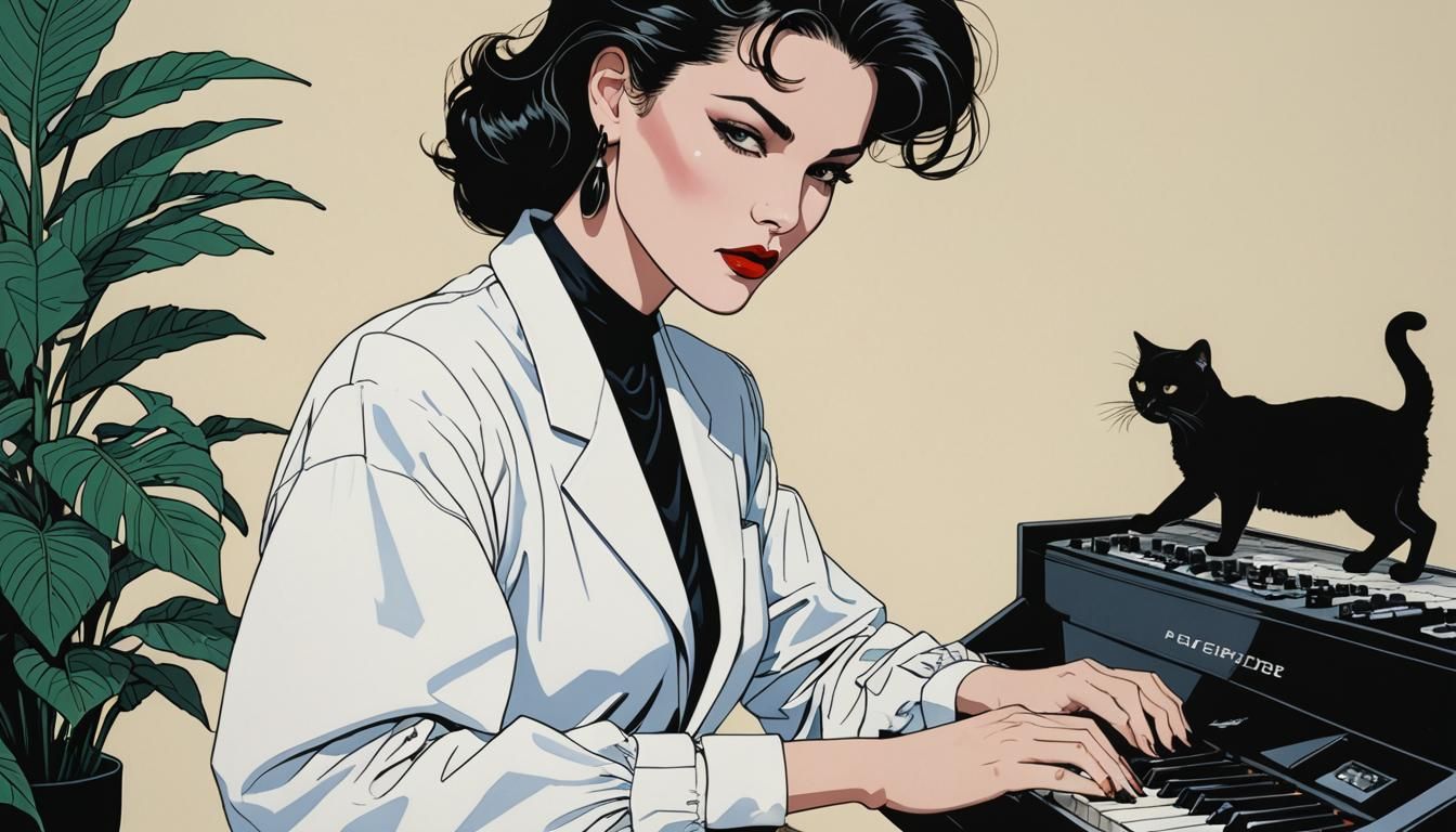 80s Fashion Model and Cat Playing Synth
